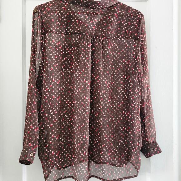 J Jill Deep Brown Sheer Polka Dot Print Button Down Tunic Size Petite Large - Picture 2 of 11